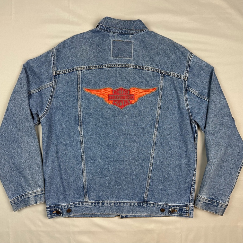 Vtg Levis Harley Davidson Mens Jean Jacket XL 90s Made in USA Washed Denim B6